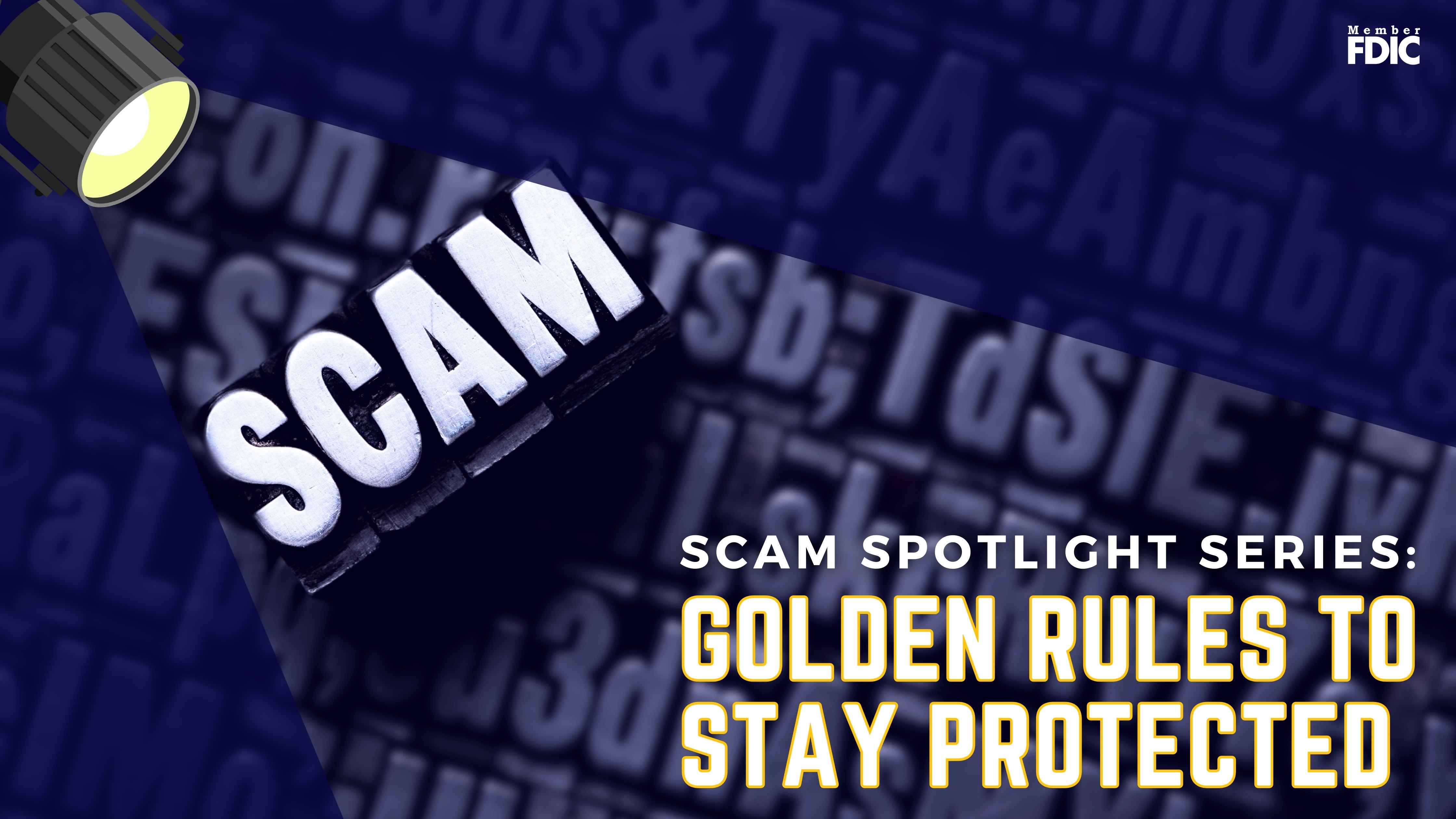 spotlight shining on the word 'scam' and blog title of 